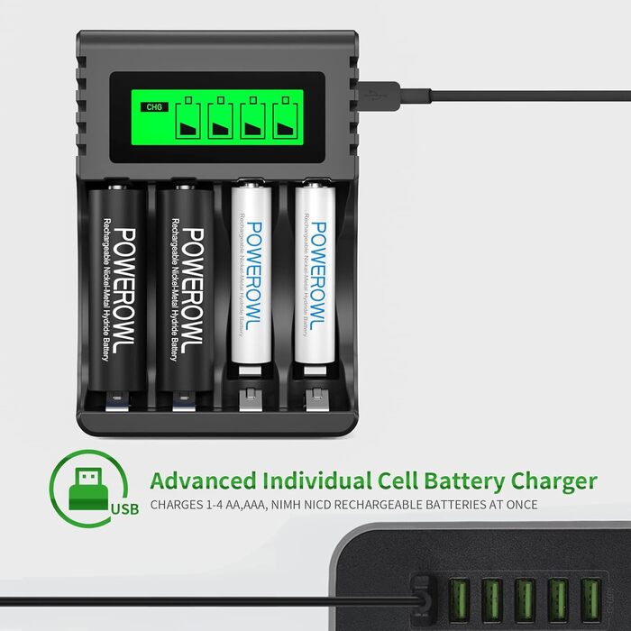 Зарядний пристрій POWEROWL з 8 акумуляторами: 4xAA 2800mAh + 4xAAA 1000mAh Ni-MH для швидкої зарядки