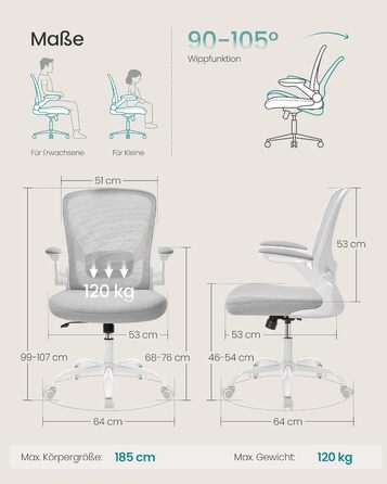 Офісне крісло SONGMICS ергономічне, поворотне з сіткою, підтримкою попереку та підголівником, функцією гойдання, сидіння 53 см, відкидні підлокітники, для офісу та спальні, студентів, OBN37BK (Світло-сірий, без підголівника)