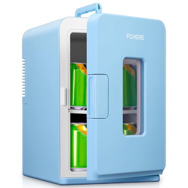 FOHERE Міні-холодильник 2в1, 15л з функцією охолодження та обігріву, для авто, офісу та гуртожитку, блакитний