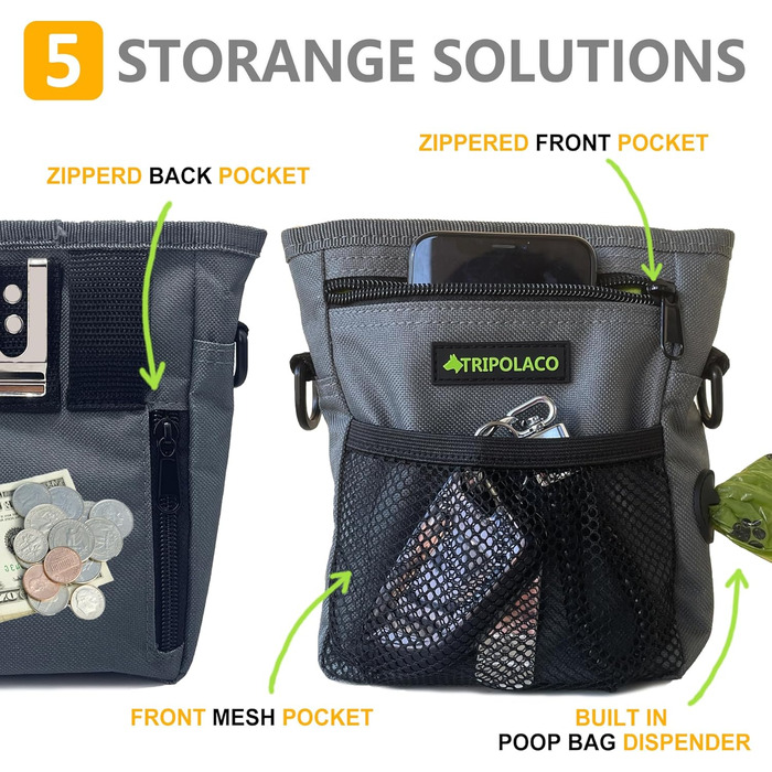 Лекарства для собак – сумка-лейкоріз для собак з кількома кишенями, диспенсер для пакетів для екскрементів і кишеня для телефону, 3 варіанти носіння – ідеальний мішок для корму для собак, тренування та прогулянки, сірий, магнітна застібка