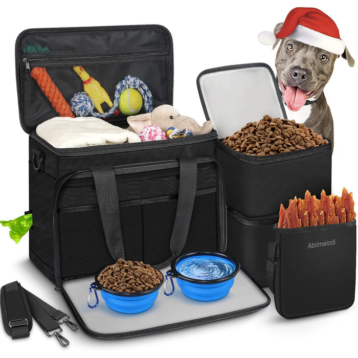 Чорна сумка для собак у подорожі, схвалена авіакомпаніями, з двома складними мисками та кишенькою для ласощів