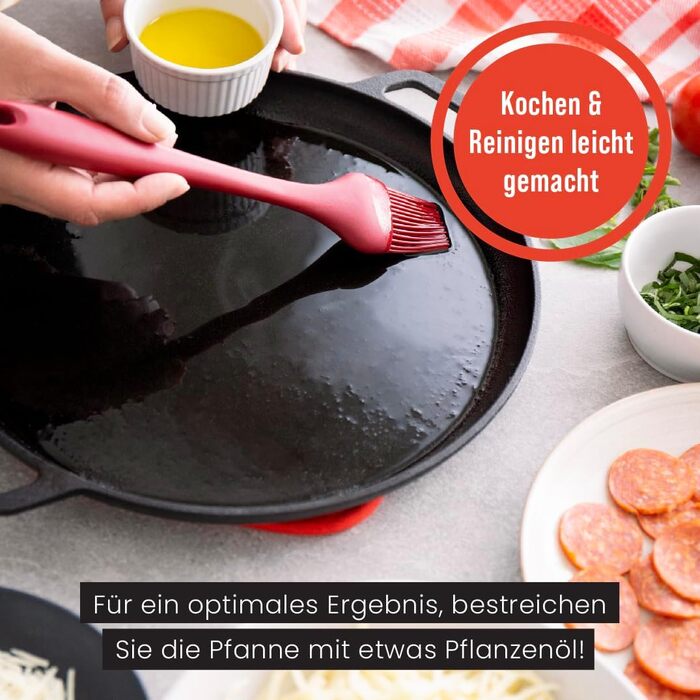 Chef Pomodoro Cast Iron Grill Pan – Cast Iron Grill Pan for Stove, Grill, Oven & Campfire – Cast Iron Pan - Pizza Pan Baking Sheet Round - Grill Plate Gas Grill - Cast Iron Pan for Gas Grill (30 cm)