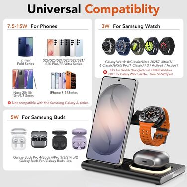 Бездротовий зарядний пристрій 3-в-1 для Samsung Galaxy: S26/S25/S24/S23, Z Flip/Fold, Galaxy Watch Ultra/8/7/6/5/4, Galaxy Buds - Чорний