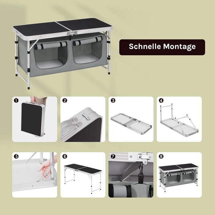 Складний алюмінієвий кемпінговий стіл-шафа WOLTU з регульованою висотою, чорно-сірий. Меблі для пікніка, пляжу, саду.