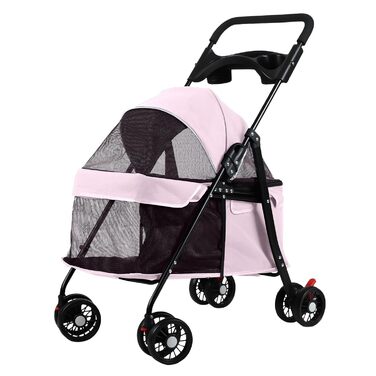 2в1 Візок для собак до 15 кг, буги для собак з тримачами для напоїв, переноска для собак, складаний, з гальмом, вагончик для собак, 48 x 68 x 95 см (Рожевий)
