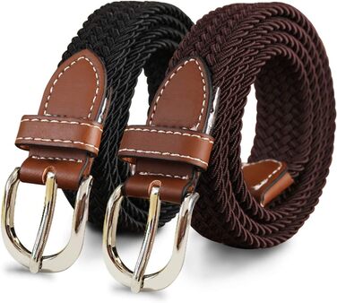 Еластичний жіночий/дівчачий ремінь 2.5 см, плетіння, для джинсів та суконь, 2 шт. (Чорний/Кава, M/91/96 см)