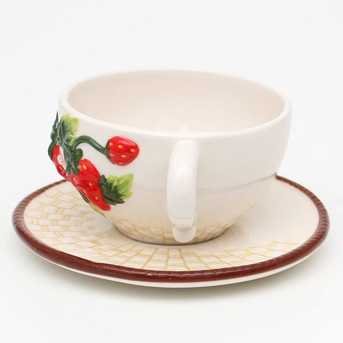 Dolomite coffee cup and saucer set with strawberry relief, size approximately 15.5 x 11 x 6.5 cm, cup with saucer, set of 6