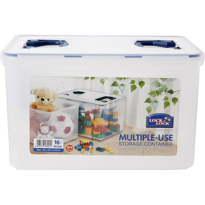 LocknLock PP CLASSIC Storage Box with Lid and Handles | 16 L, 361 x 274 x 212 mm | 100% Airtight | Semi-Transparent Storage Container | Storage Box with Lid for Household Items
