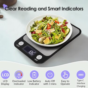 Кухонні ваги Muaket 1г/10кг з великою платформою 17,5x15см, електронні, з тарою, 7 одиниць вимірювання, для продуктів, овочів, фруктів