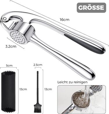 Прес для часнику з нержавіючої сталі, професійна кухня, подрібнювач часнику, легко миється та довговічний, сріблястий