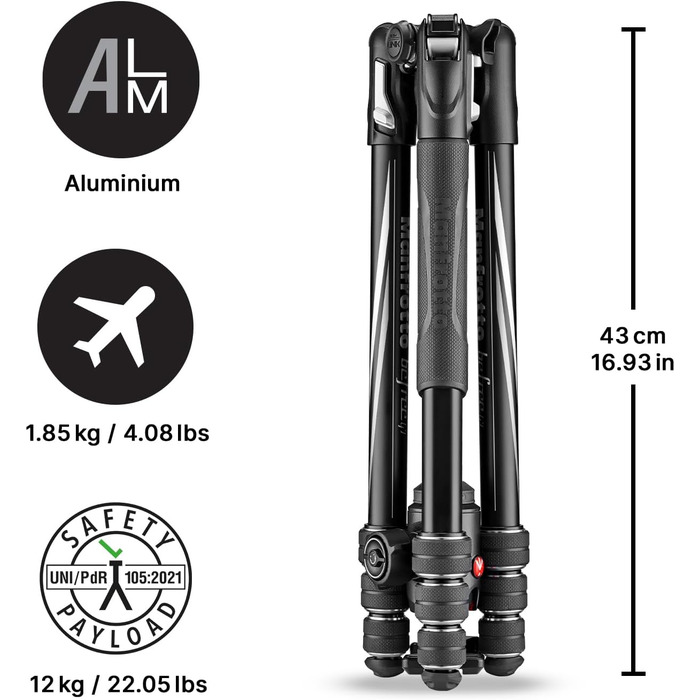 Компактний дорожній штатив Manfrotto Befree Advanced з кулястою головкою та важелем блокування, алюміній, для DSLR та бездзеркальних камер (GT Twist Black)