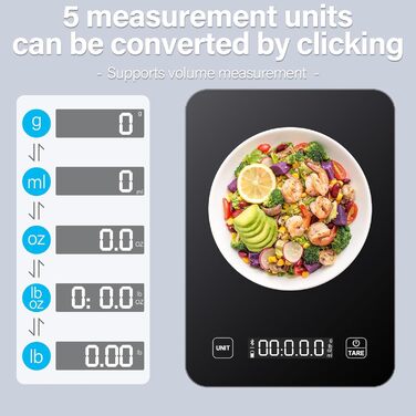 Кухонні ваги Sprifityy: цифрова вага з LCD дисплеєм та підключенням до додатку для аналізу харчової цінності та підрахунку калорій, 5 одиниць (точність 1г), чорний