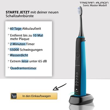 Електрична зубна щітка Tristan Auron Sonic Master (Чорний) – 55 000 VPM, 5 режимів, 60 днів роботи від акумулятора, з етиуі та 6 насадок