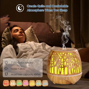 Дифузор Aroma Simpeak 400 мл, ультразвуковий аромадифузор з дерева для ефірних олій, зволожувач повітря з пультом дистанційного керування - дерев'яна різьба, світло-коричневий, легке дерево