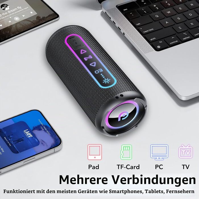 Портативна Bluetooth колонка 25W з підсвіткою, двопотоковим басом та захистом IPX7, TWS стерео, акумулятор на 24 години, чорна