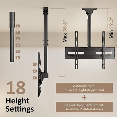 Adjustable TV Ceiling Mount for LED, LCD, OLED, and Plasma TVs - 26-65 Inch, 50kg Capacity, 400x400mm VESA, Black (AX11TB01)
