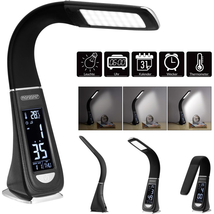 LED лампа Monzana з годинником, будильником, термометром та календарем, регульована яскравість, настільна лампа для дому та офісу (білий/чорний)