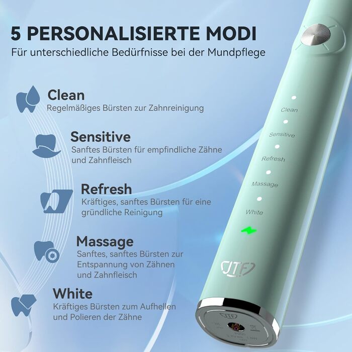 Електрична звукова зубна щітка JTF з 6 насадками 40000 VPM, 5 режимів, IPX7, таймер 2 хв, зелена