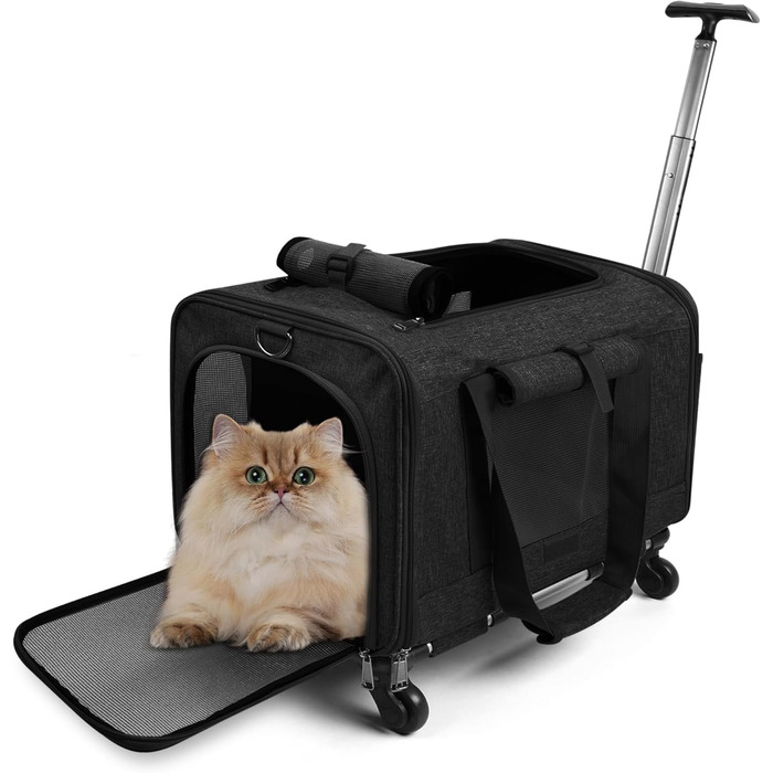 Переноска для тварин ALLSOPETS з колесами для котів та собак, схвалена для авіаперельотів, з висувним ручками, знімними колесами та плечовим ременем, сіра