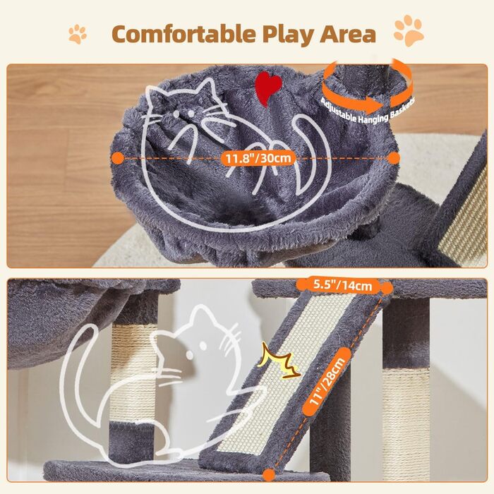 Дерев'яний кігтеточки Taoqimiao Klein 98 см - котячий будиночок з корзиною та 4 стовпчиками, MS029SW (темно-сірий)