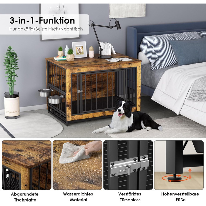 Дерев'яний вольєр для собак, 93x64x58 см, з піддоном та мисками, для собак середніх та маленьких порід (до 40 кг), білий (колір дерева)