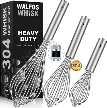 Набір вінчиків Walfos® з нержавіючої сталі (3 шт.) - 18см, 23см, 28см. Стійкі до високих температур, ідеальні для салатів та збивання яєць.