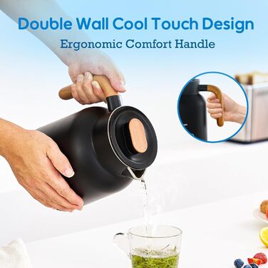 Електричний чайник з регулюванням температури DmofwHi, 1.0л, 1000W, з LED-індикатором, подвійні стінки, без BPA, автоматичне вимкнення та захист від сухого кип'яття (чорний)