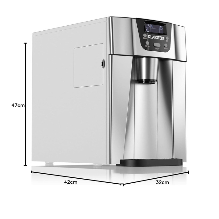 Машина для приготування льоду Klarstein Eiswürfelmaschine Klein, 2 л, з дозатором води, для 12 кг льоду, швидка, з сигналом, пластик, срібло