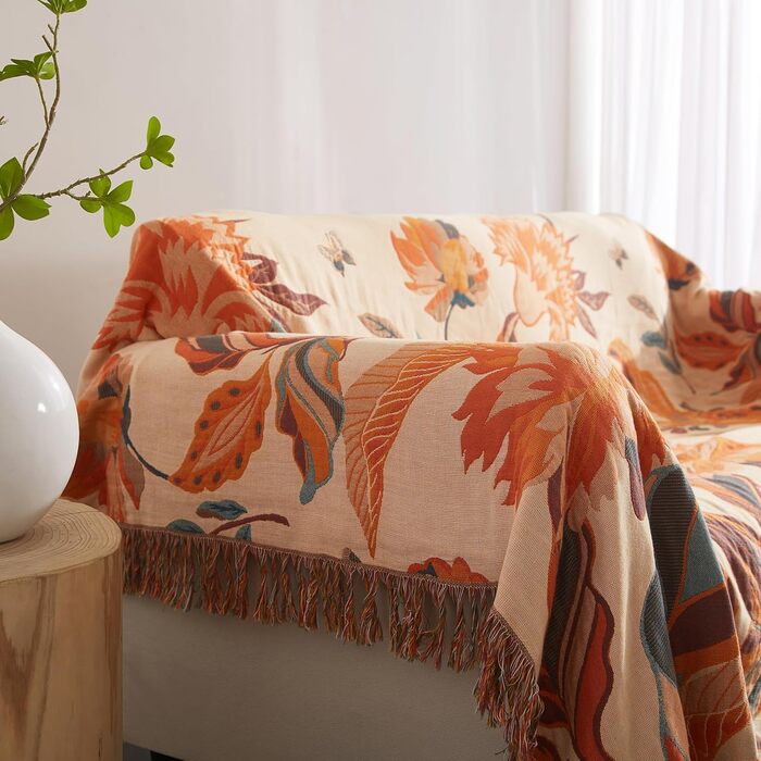 Богемна ковдра Softexly Boho Decke 100% бавовна – двостороння муслінова ковдра 150x200 см, м'яка софа та покривало для ліжка, естетичний дизайн, ідеально підходить для вітальні та спальні, помаранчевий/зелений, Blütentraum
