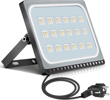 papasbox 100W LED Floodlight Spotlight, LED Floodlight Construction Light with Plug Waterproof IP65, 3000K Warm White, Ideal Wall Light Outdoor Lighting for Garden, Garage, Hotel