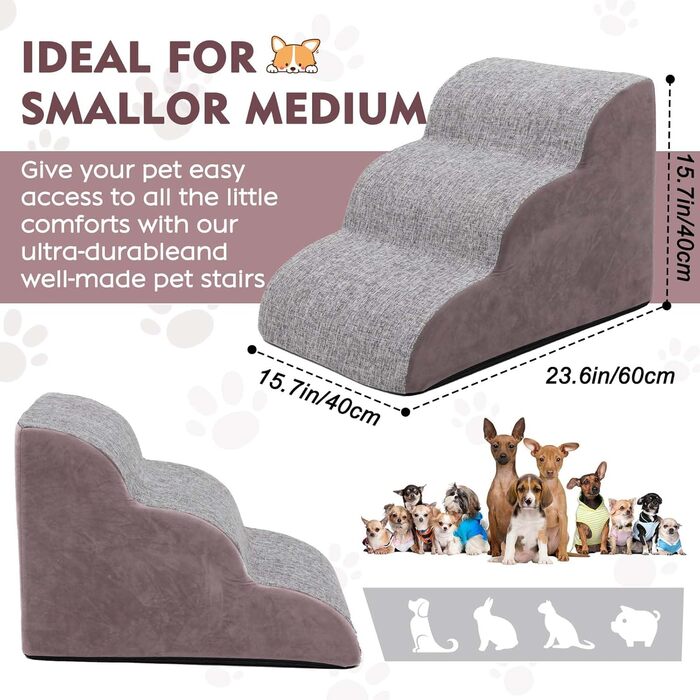 Сходинки для собак на 3 сходинки, 60 см, сірі. Підходять для маленьких собак та котів похилого віку. Для ліжка, дивану.