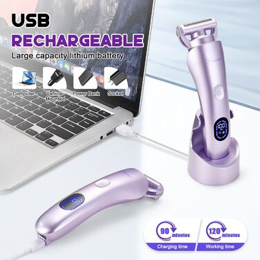 Електричний жіночий епілятор Hatteker 3-в-1: тример для бікіні, бритва та епілятор. З LED-дисплеєм, водонепроникний IPX7, USB-зарядка (фіолетовий)