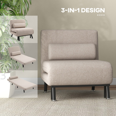 HOMCOM Sleeper Chair, Folding Chair with Bed Function, Back Cushion, Folding Recliner Chair with Linen Look, Adjustable Backrest, Holds up to 150 kg, for Living Room, Beige | Aosom