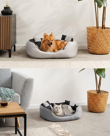 Ліжко для собак та котів Lionto 4-в-1 з воротком, 65x50 см, водовідштовхувальне, сіре/чорне, з декоративною подушкою