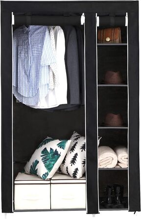 SONGMICS Fabric Wardrobe, XL, Clothes Closet, Folding Wardrobe, Camping Closet with Clothes Rail, 110 x 175 x 45 cm, Black, LSF007