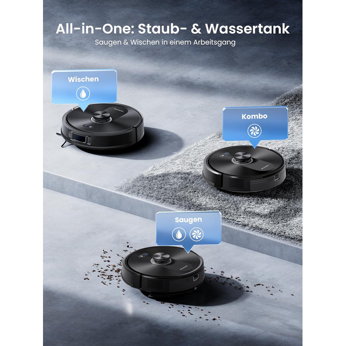 Робот-пилосос Proscenic Q10 з функцією миття, 8000Pa, 200 хвилин роботи, лазерна навігація, керування через додаток, Alexa, Siri, Apple Watch, пульт дистанційного керування для підлоги та килимів