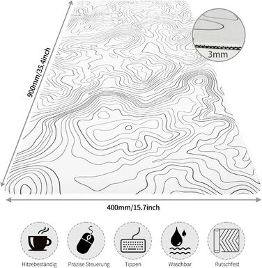 Ігровий килимок для миші та клавіатури Topographie Білий, 900x400 мм, великий килимок з подвійним швом, вологостійкий килимок для ПК