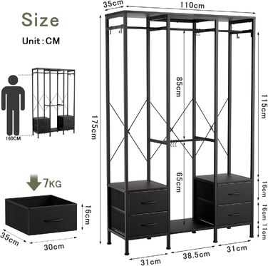 Відкрита шафа для одягу, вішалка для одягу, гардеробна стійка з 4 шухлядами, стабільна вішалка для спальні, вітальні, передпокою (Чорний)