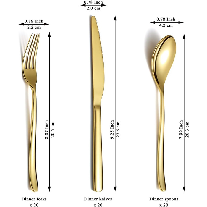 Berglander Gold Wedding Cutlery Set 60pcs Service for 20, Titanium Coated Stainless Steel Cutlery Set, Gold Spoon Fork Knife Set for Home, Wedding, Restaurant, Dishwasher Safe