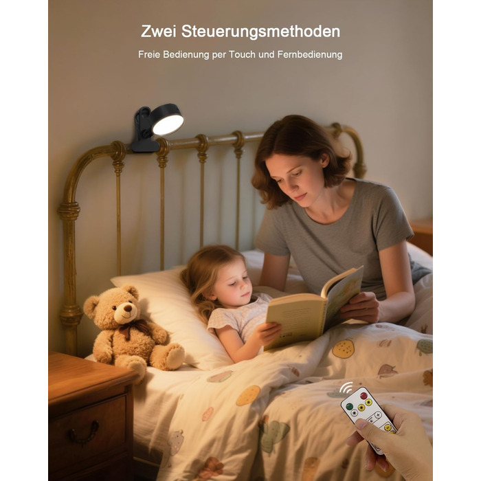 Нічник на ліжко акумуляторний бездротовий з USB-C, 5000mAh, з кліпсою, димуючий сенсорний пульт, 3 кольори, поворотний на 360°, для спальні, кемпінгу, чорний