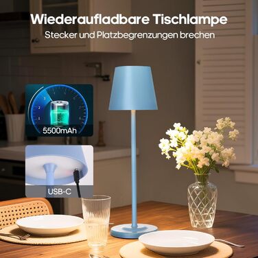 Світлодіодна настільна лампа 3-в-1 бездротова з акумулятором 5500mAh, регульована висота, димування, 3 кольори світла - USB лампа настільна металева водонепроникна сенсорна для дому та вулиці, комплект 2 шт. (Синій, 38.5x11.2x11.2 см)