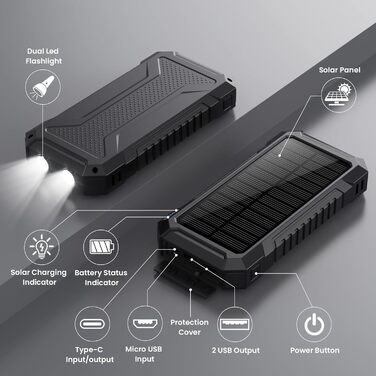 Сонячний павербанк 26800mAh з PD 15W, USB-C, подвійний акумулятор, ліхтарик та 3 виходи, для смартфонів, планшетів, кемпінгу, чорний