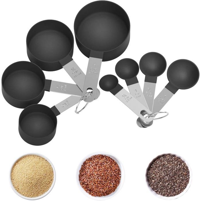 Набір мірних ложок та мірний стакан з нержавіючої сталі, 8 шт. - для рідин та твердих інгредієнтів, випічки, кулінарії