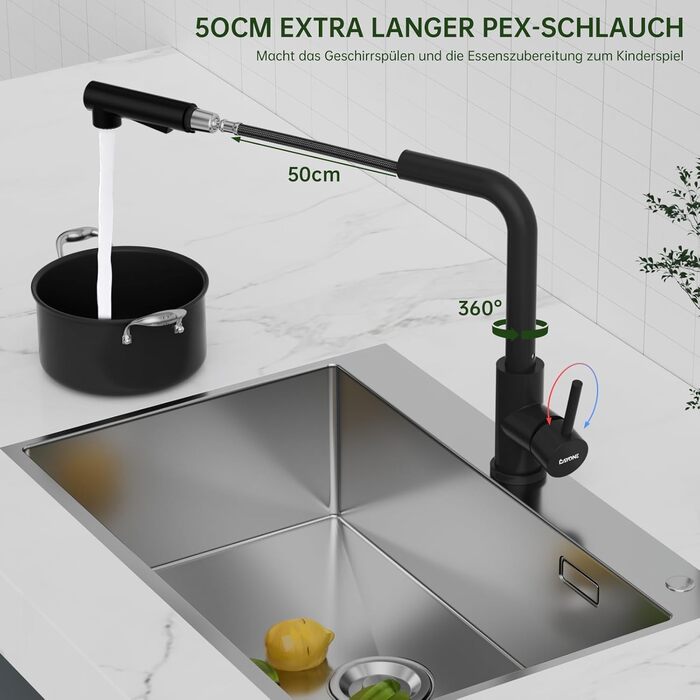 Змішувач кухонний DAYONE з висувною лійкою, нержавіюча сталь, 3 режими, поворотний на 360°, для кухонної мийки (15 см), матовий чорний