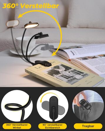 Світлодіодна лампа для читання Bonsery з USB-зарядкою, 16 LED, 3 режими температури кольору та регульована яскравість, гнучка настільна лампа для читання в ліжку, чорна