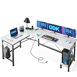 Ігровий стіл ODK з розетками та USB, L-подібний комп'ютерний стіл з підставкою для системного блоку, для дому та офісу, вінтажний коричневий, 168×120 см