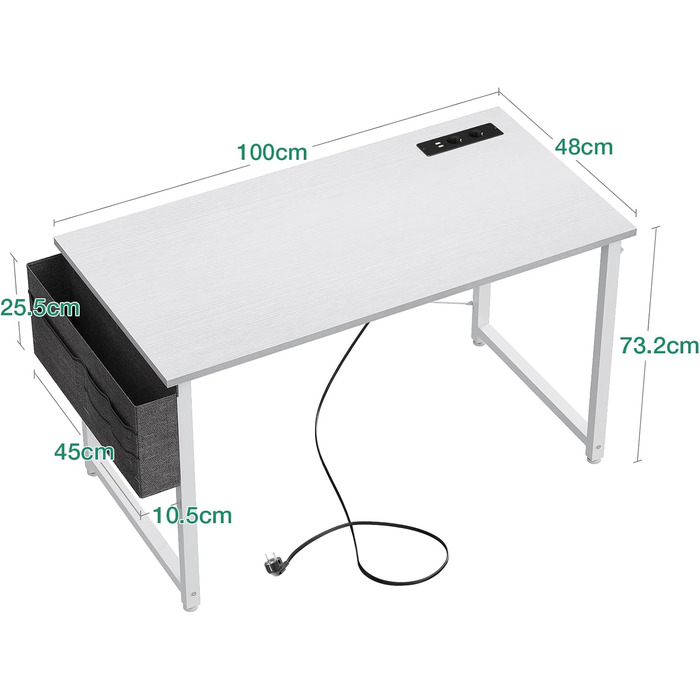 Комп'ютерний стіл Coleshome 100x48 см з розетками, тримачем для навушників та кишенькою для зберігання. Білий офісний/ігровий стіл для дому та офісу.