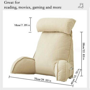 Підголовник для ліжка: великий м'який крісло-мішок з підлокітниками та знімною подушкою для шиї, 75x40x58 см