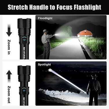 Ліхтар налобний LED Skyfire 900000 Люмен з лінзою для розпалювання вогню, USB, 4 режими яскравості, Zoom, для кемпінгу, надзвичайних ситуацій та походів, чорний