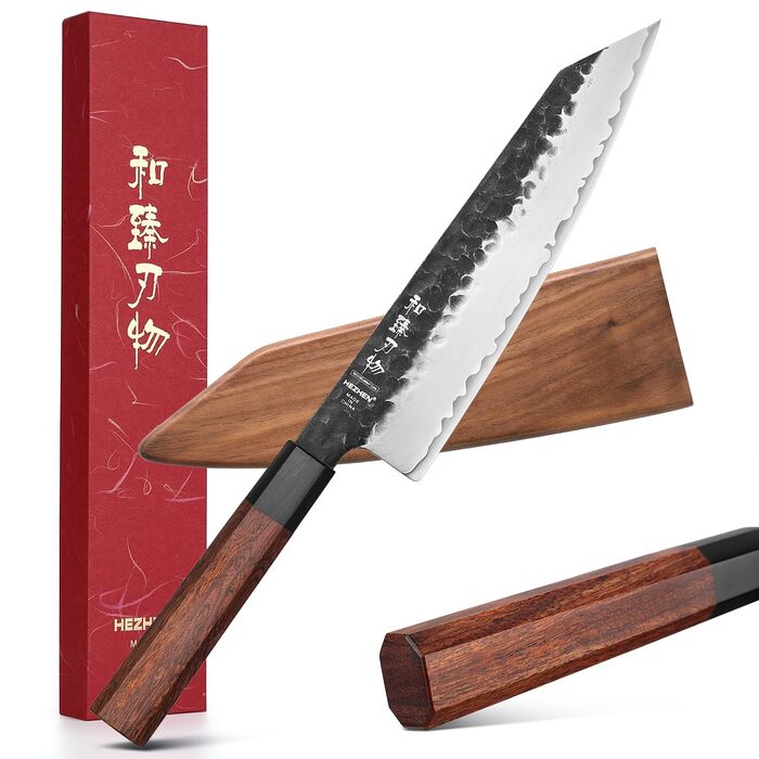 Професійний японський ніж Kiritsuke HEZHEN 21,5 см, кухонний ніж із 3-шарової дамаської сталі з восьмигранною ручкою з червоного дерева та дерев'яним чохлом